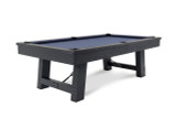 Plank & Hide Co Isaac Slate Pool Table in Black Ash, showing a sleek black ash finish on the wooden pool table with blue felt surface and sturdy legs.