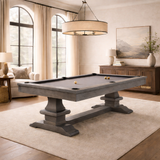 Marble Gray ash Beaumont slate pool table by Plank & Hide in a luxury RH-style interior, featuring a trestle base design, natural ash wood grain, professional slate play surface, and a modern high-end game room setting.