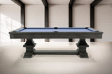 Side profile of the Beaumont pool table in Marble Grey, emphasizing the long clean apron, slate construction, and symmetrical double pedestal base.