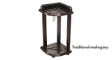 C.L. Bailey Corner Cue Rack, traditional mahogany billiard cue stand with multiple slots for cues and hooks for accessories.