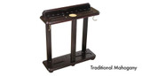 C.L. Bailey Floor Cue Rack, traditional mahogany wooden cue rack with multiple slots for cue sticks and hooks for accessories.