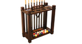 C.L. Bailey Skylar Floor Cue Rack, wooden billiard cue and ball holder with multiple cue slots and a storage shelf for pool balls.