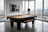 C.L. Bailey Duke Slate Pool Table, in a modern room with large windows showcasing a city skyline.
