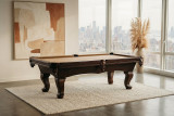C.L. Bailey Elayna Slate Pool Table, modern indoor game table with elegant dark wood finish and beige felt surface in a high-rise apartment with city view.