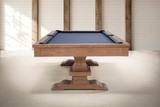 End view of the Plank & Hide Beaumont slate pool table in Honey Ash on ash wood with Championship Academy Blue felt.