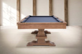 Plank & Hide Co Beaumont 8' Slate Pool Table, honey ash wood finish with blue felt playing surface in a neutral room setting.