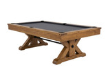 Otis 8FT pool table by Plank & Hide in Honey Ash finish, solid ash wood trestle base, 3/4 front angle on white background
