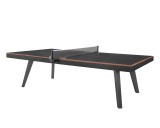 Plank & Hide Co Harper Black Table Tennis Table with Drawer, modern black foldable indoor game table with a sleek design and a mesh net, featuring wooden accents and sturdy legs for recreational use.