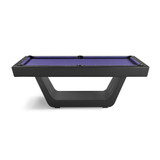 Plank & Hide Co Aero 8' Black Slate Pool Table, a sleek modern billiards table with black frame and purple playing surface, designed for home game rooms and professional environments.