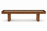 Full side view of the made-in-USA Jackie’s Shuffleboard Table in Bourbon Pecan Walnut with architectural pedestal legs and a maple playfield.
