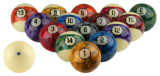 Aramith Camouflage Pool Ball Set, set of colorful camouflage patterned billiard balls with numbers, and one solid white cue ball.