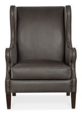 Hooker Furniture Kato Leather Club Chair w/ Dark HOH, dark leather upholstery, high back, nailhead trim, wooden legs.