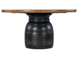Hooker Furniture Caleigh Recliner, wooden table with a rustic finish, featuring a round, dark-toned base with subtle carved details.