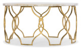 Hooker Furniture Melange Corrina Cocktail Table, elegant coffee table with a polished white marble top and gold-finished, intricately designed metal base.