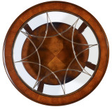 Hooker Furniture Brookhaven Round Cocktail Table, wooden table with a glass top and decorative metal accents.