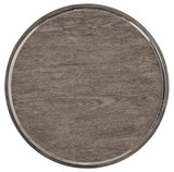 Hooker Furniture Storia Round End Table, round wooden table with a metal rim edge.