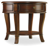 Hooker Furniture Brookhaven Round Lamp Table, elegant wooden accent table with a single drawer and lower shelf, crafted in rich brown wood finish.