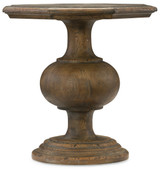 Hooker Furniture Mason End Table, rustic wooden side table with a round, sculpted base and a flat top surface.