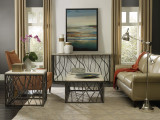 Hooker Furniture Console Table, tastefully decorated living room with modern console table featuring a decorative metal frame and wooden top.