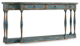 Hooker Furniture Sanctuary Four-Drawer Thin Console, rustic wooden console table with blue distressed finish and turned legs.