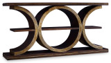 Hooker Furniture Melange Presidio Console Table, Elegant dark wood console with circular gold accents and multiple shelves for stylish storage.