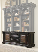 Hooker Furniture Telluride Bookcase Base, elegant dark wood bookcase with intricate carved details, multiple drawers, and open shelving displaying books and decorative items.