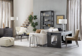 Hooker Furniture Etagere, modern black wooden etagere with multiple shelves displaying decorative vases and books in a contemporary living room.
