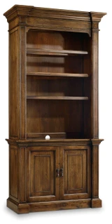 Hooker Furniture Archivist Bookcase, wooden antique-style bookcase with open shelves and lower cabinet doors.