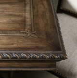 Hooker Furniture Rhapsody Rectangle Dining Table, close-up of the table's corner showcasing detailed wood finish, intricate carved border, and decorative inlay design.