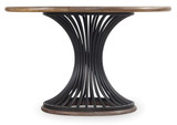 Hooker Furniture Studio 7H Cinch Round Dining Table, round wooden top with a black metal curved support base.