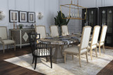Hooker Furniture Sanctuary Rectangle Dining Table w/2-20in leaves, elegant dining room with a large wooden table set for a meal, surrounded by upholstered and wooden chairs, traditional decor, and a chandelier.