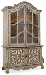 Hooker Furniture Chatelet Buffet, vintage distressed wooden cabinet with ornate carved details and glass doors