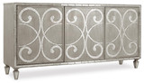 Hooker Furniture Sanctuary Buffet, elegant sideboard with decorative scrollwork design on cabinet doors and a distressed gray finish.