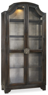 Hooker Furniture Sanctuary Glass Bunching Curio-Ebony Antiqued Oak, front view of a wooden display cabinet with glass doors, metal hardware, and interior shelves for showcasing collectibles.