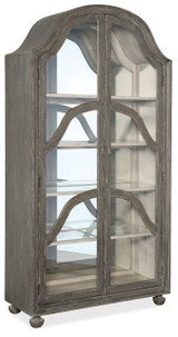 Hooker Furniture Alfresco Costa Display Cabinet, rustic gray wood finish with glass doors and interior shelves for displaying decorative items or china.
