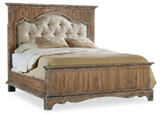 Hooker Furniture Curata Upholstered Bar Stool, rustic wooden bed with tufted beige upholstered headboard and matching bedding.