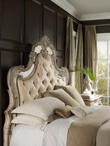 Hooker Furniture Sanctuary King Upholstered Bed, luxurious beige upholstered headboard with ornate carved wooden frame in an elegant bedroom setting.