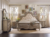Hooker Furniture Chatelet Queen Upholstered Panel Bed, elegant bedroom with vintage-style headboard and matching bedside tables in a classic decor.