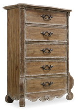 Hooker Furniture Chatelet Chest, vintage wooden dresser with five drawers, ornate metal handles, distressed finish, and curved decorative base.