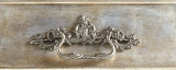Hooker Furniture Sanctuary Dresser, ornate silver drawer handle mounted on a vintage rustic wooden surface.