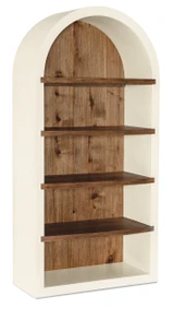 Hooker Furniture Cascade Accent Chair, wooden bookcase with an arched top, cream-colored exterior, and natural wood interior shelves.