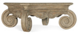 Hooker Furniture Castella Square Cocktail Table, rustic wooden coffee table with elaborate carved scroll details on legs and apron.