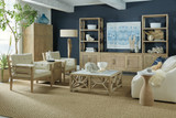Hooker Furniture Surfrider Square Cocktail Table, a light wood coffee table with a geometric open-frame design in a modern coastal living room setting.