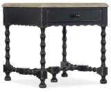 Hooker Furniture Ciao Bella Rectangular End Table, vintage style wooden side table with distressed black finish, scrolled legs, and a single drawer with a round knob.