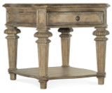Hooker Furniture Castella End Table, rustic wooden side table with a single drawer and carved fluted legs.
