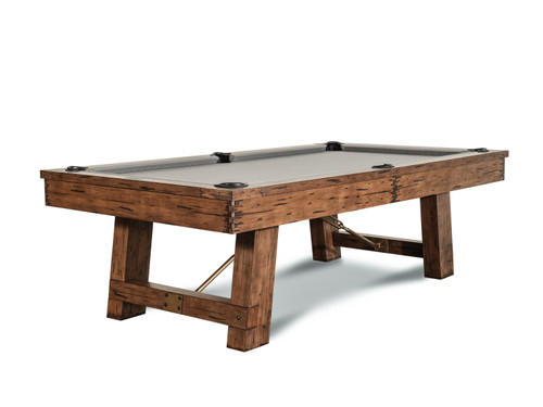 Isaac Pool Table in a Stressed Brulee Brown finish. Featuring brished golden metal turnbuckles. Isaac Pool Table in a Stressed Brulee Brown finish. Featuring brished golden metal turnbuckles.