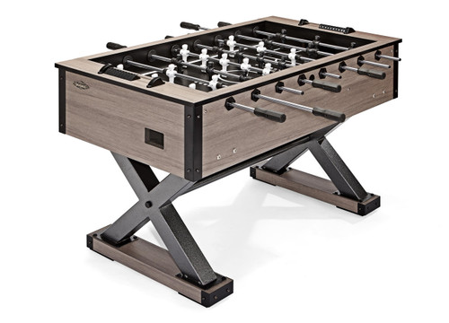Brunswick Billiards Brunswick Premier Foosball Table, modern wood finish with black accents and adjustable leg supports.
