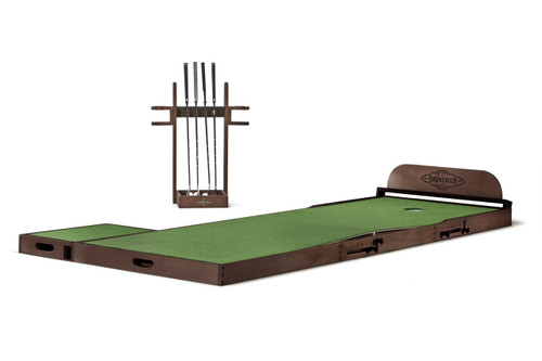 Brunswick Billiards Maxwell 9' Indoor Putting Green - Espresso Finish, features a wooden green with a green artificial turf surface, a backstop, and a set of golf clubs for home indoor golf practice.