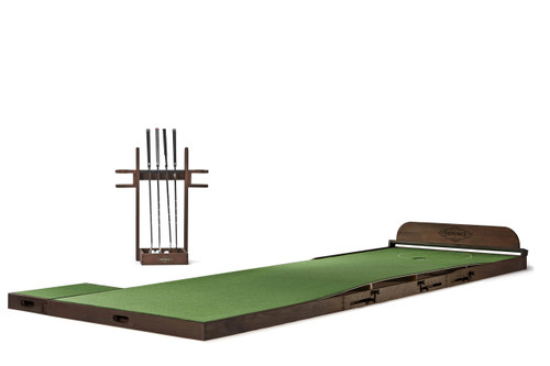Brunswick Billiards Brunswick MacDonald 12' Indoor Putting Green - Espresso Finish, with green artificial turf and golf club holder in a wooden stand.