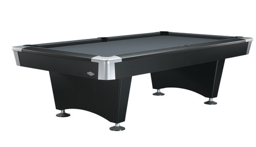 Brunswick Billiards Brunswick Black Wolf Slate Pool Table, sleek black pool table with silver accents, ideal for game rooms and recreational spaces.